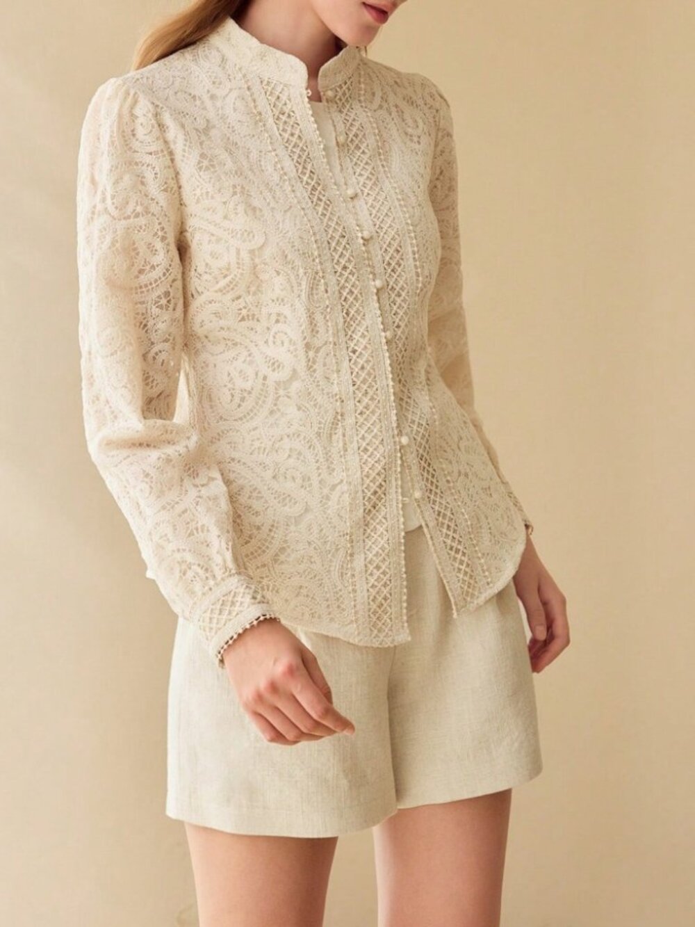 Cream Crochet Lace Stand Collar Long Sleeve Blouse